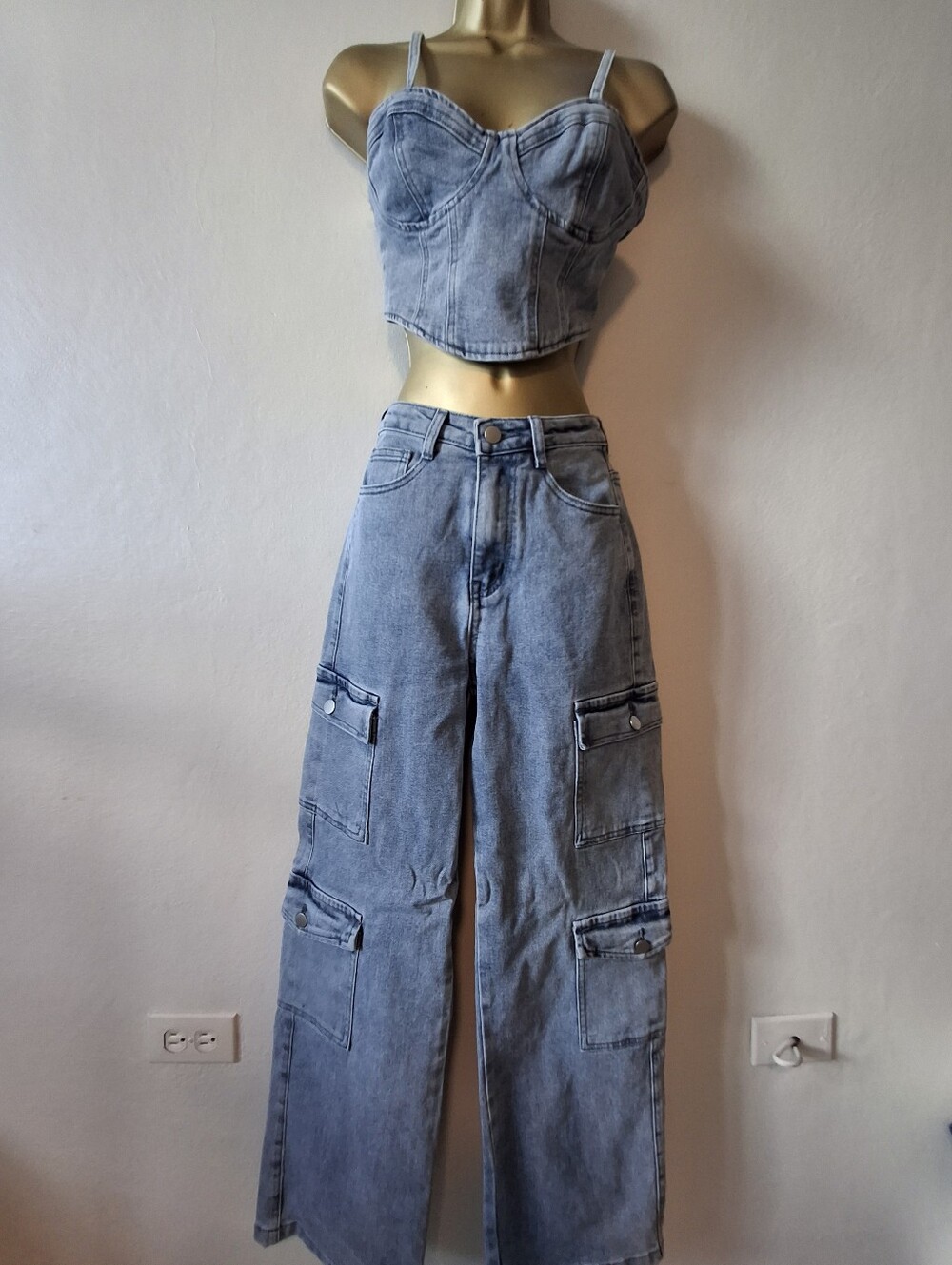High-Waist Light Blue Cargo Jeans Set for Women